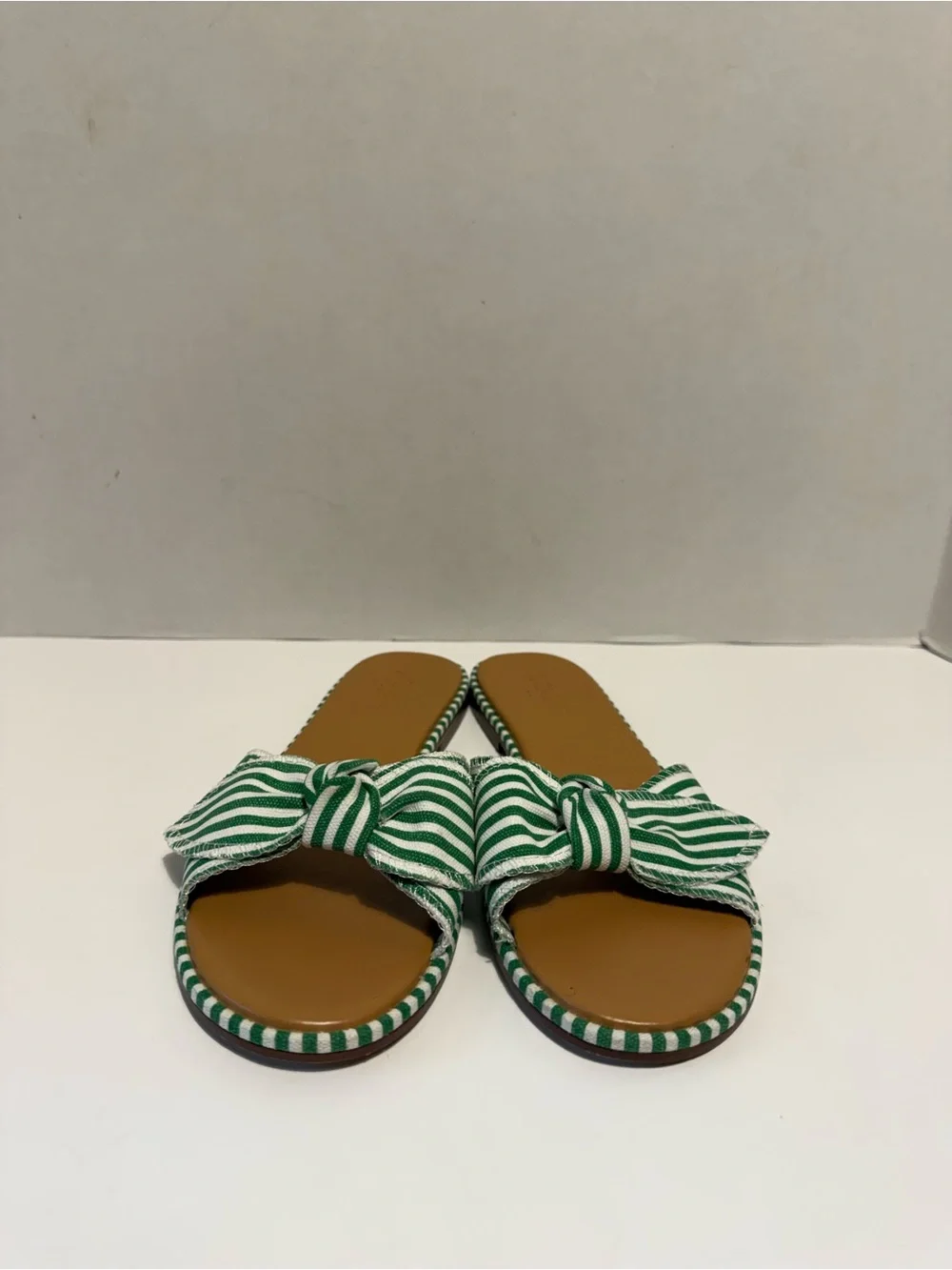 J.Crew green white striped bow slide sandals slip on ladies 7